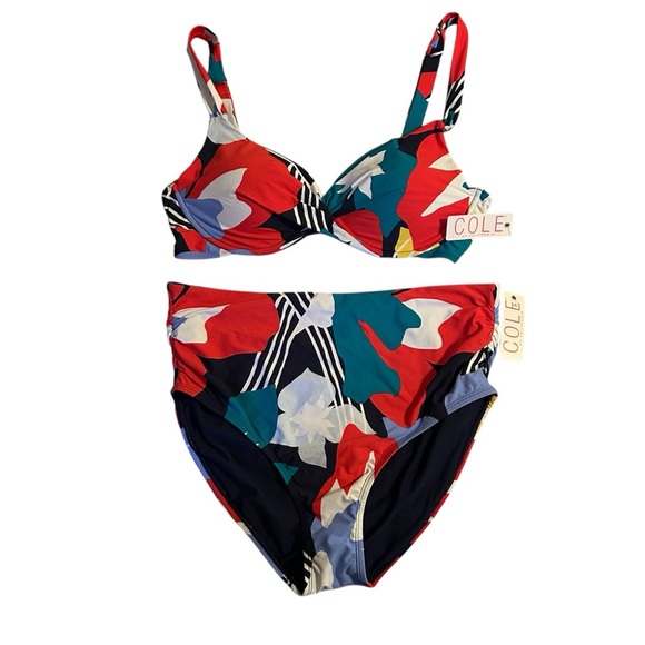 Cole Of California 2 Piece Bikini High Cut Bottom Twist Underwire Top Womens 14 - Picture 1 of 13